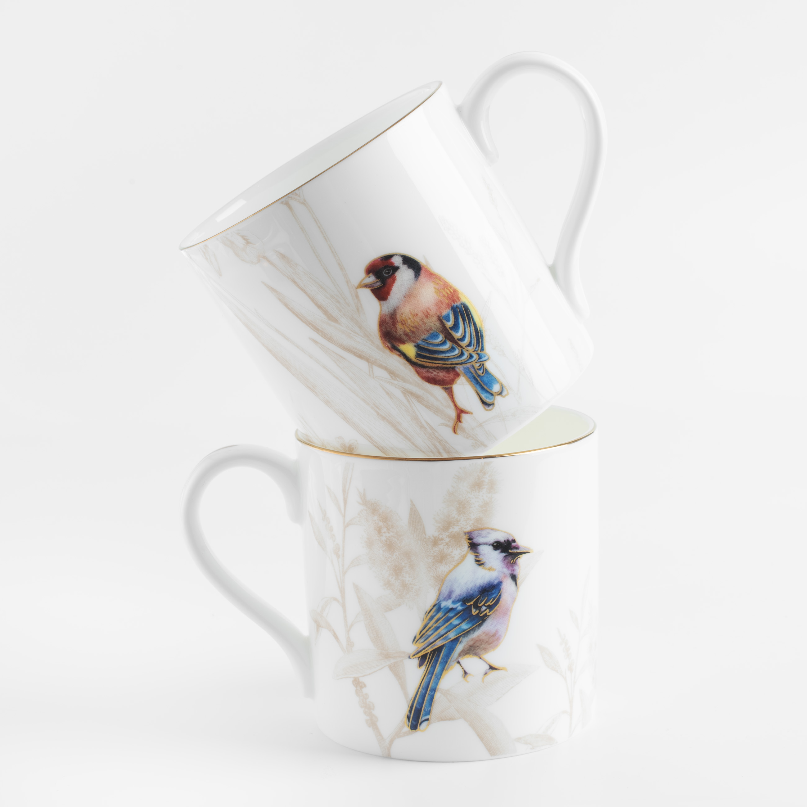 Mug, 380 ml, 2 pcs, porcelain F, with golden edging, Goldfinch and blue jay, Paradise bird изображение № 2