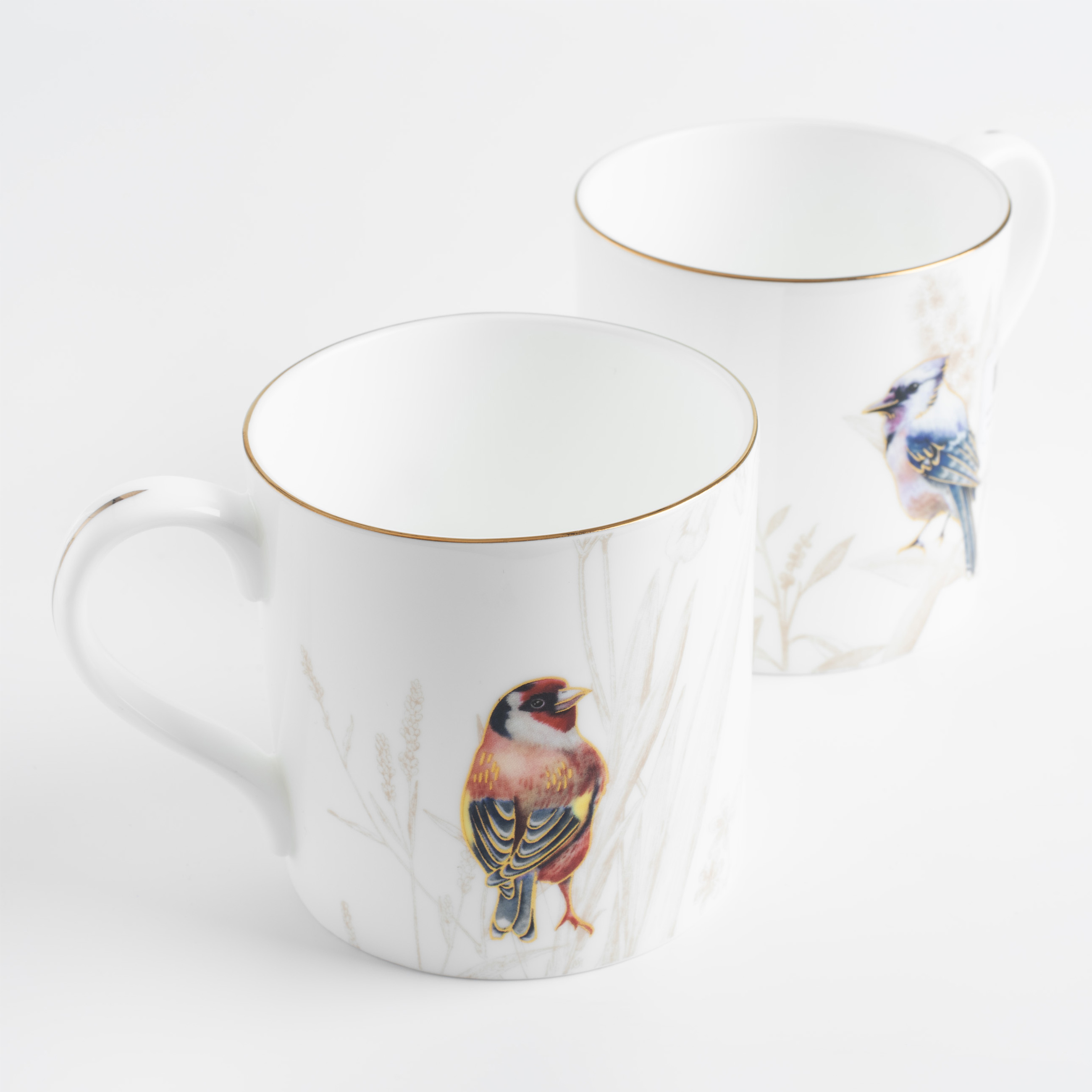 Mug, 380 ml, 2 pcs, porcelain F, with golden edging, Goldfinch and blue jay, Paradise bird изображение № 3