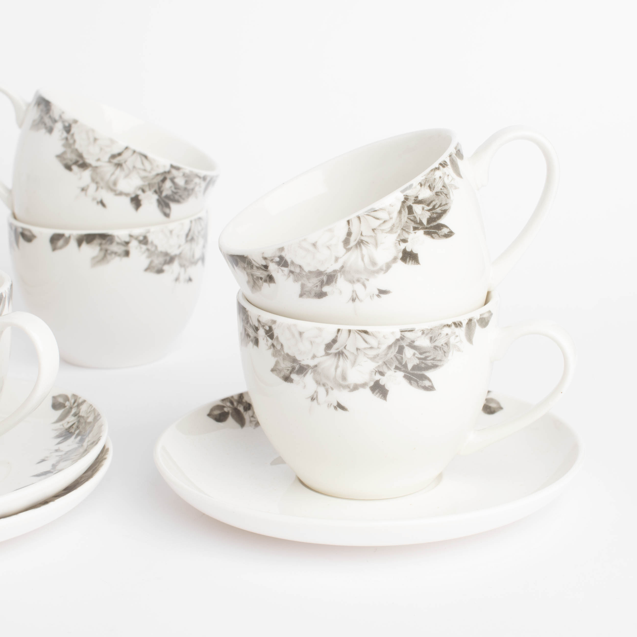 Tea pair, 6 persons, 12 items, 220 ml, porcelain N, white, Black and white flowers, Magnolia изображение № 3