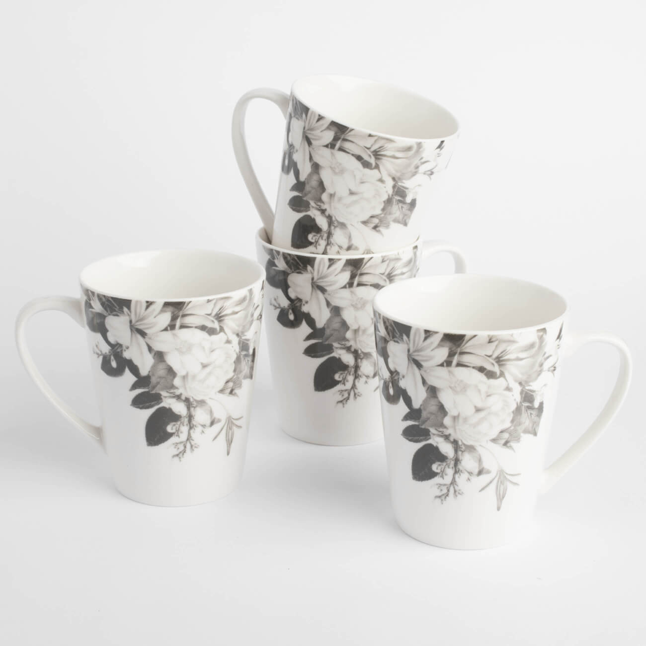 Mug, 420 ml, 4 pcs, porcelain N, white, Black and white flowers, Magnolia изображение № 1