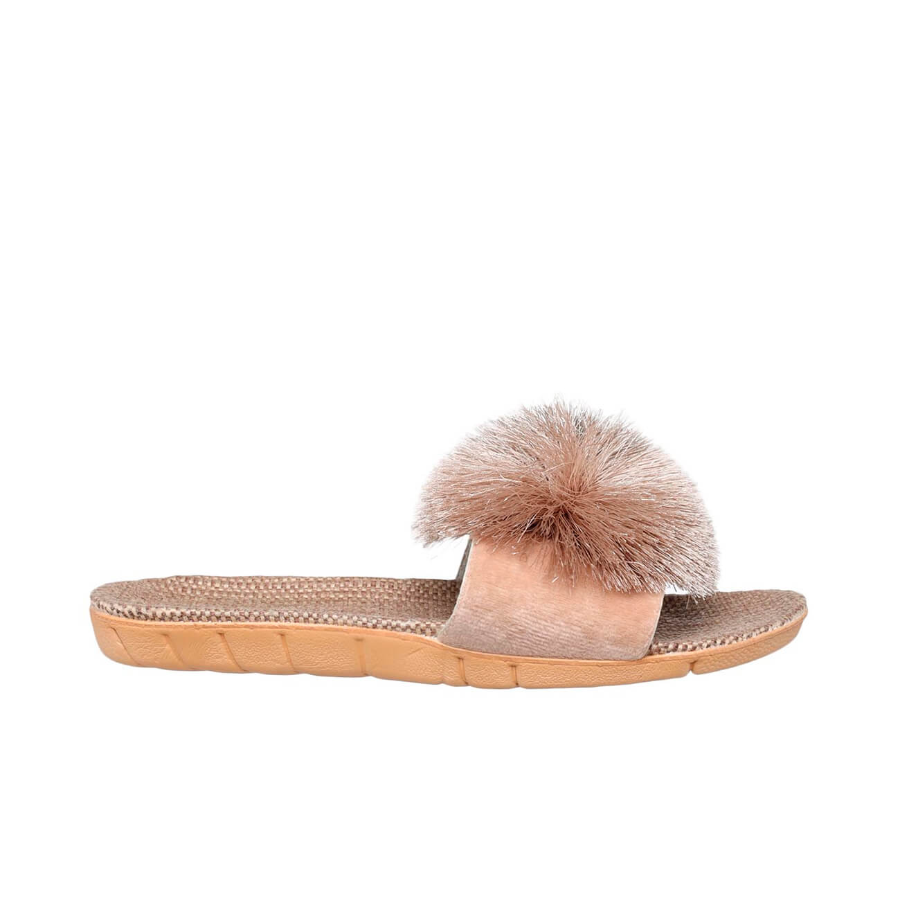 Women's slippers, home, p. 35-36, with pompom, polyester / linen, gray-brown, Pompon изображение № 1