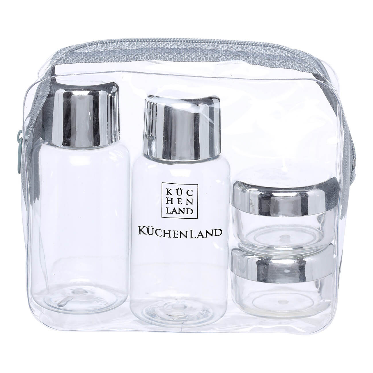 Travel Bottle/Jar set, 4 pcs, in cosmetic bag, Plastic, Silver, Basic изображение № 1
