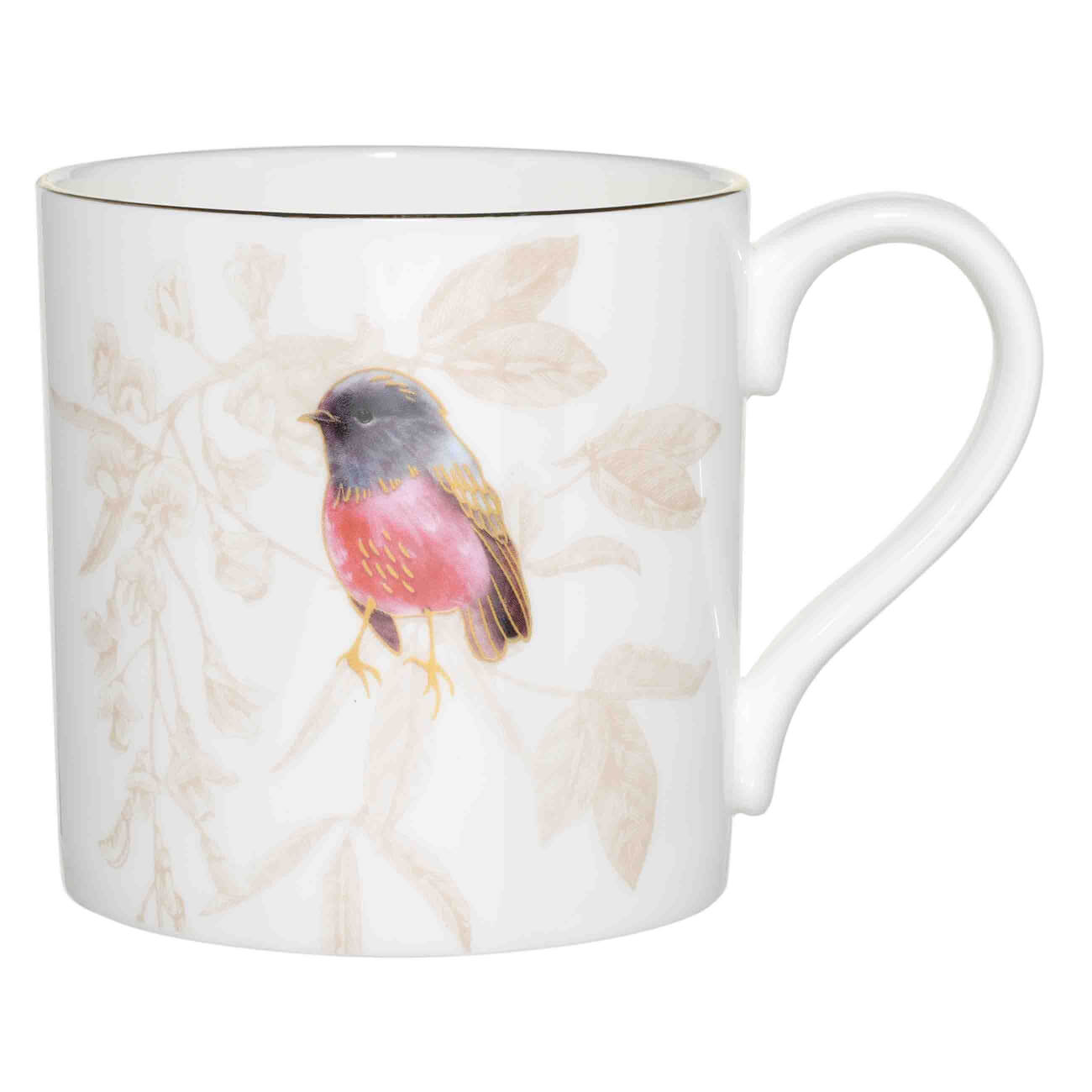 Mug, 380 ml, porcelain F, with golden edging, white, Crimson-breasted carnation, Paradise bird изображение № 1