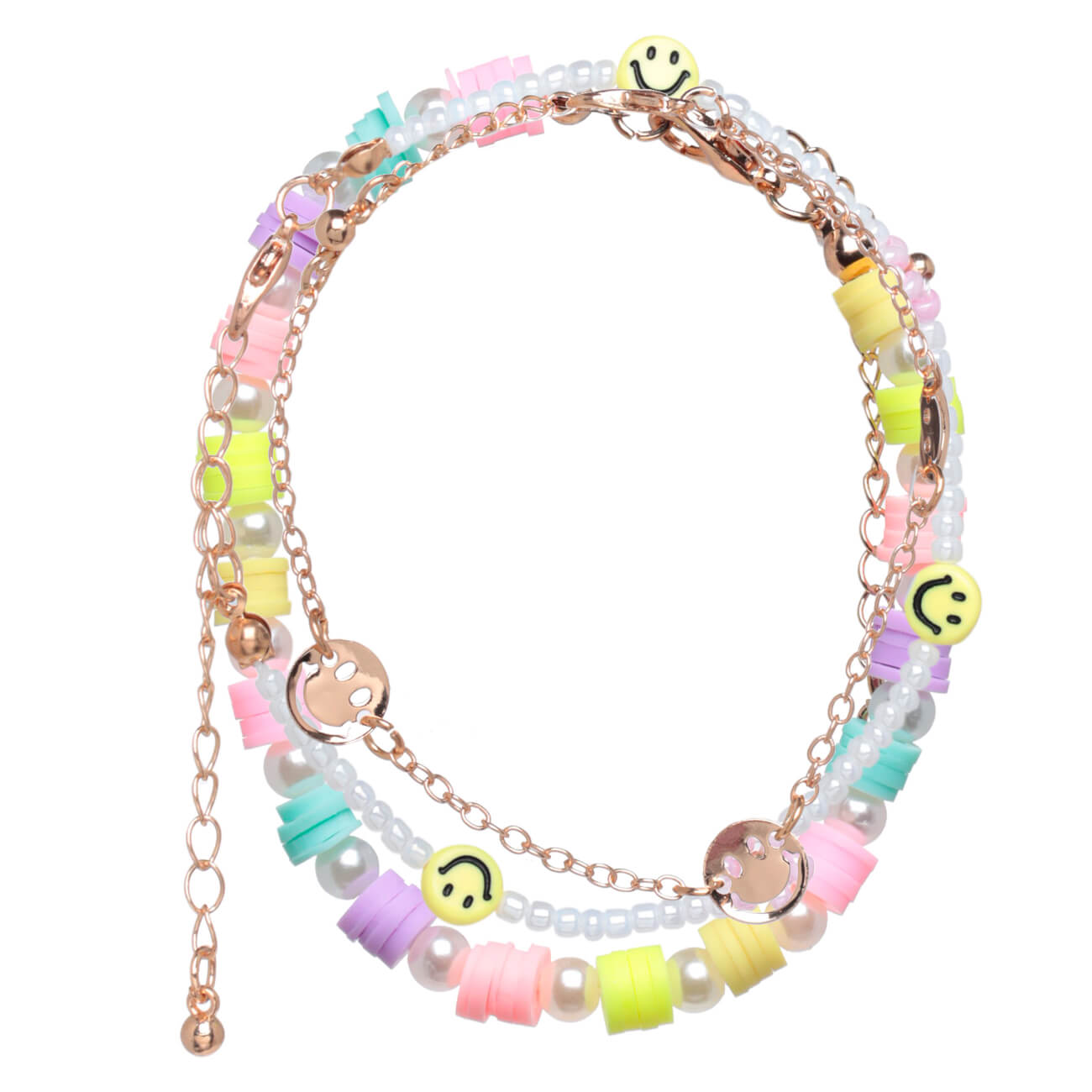 Bracelet, 23 cm, 3 pieces, for children, metal / plastic, colored, Smileys and beads, Pearl color изображение № 1