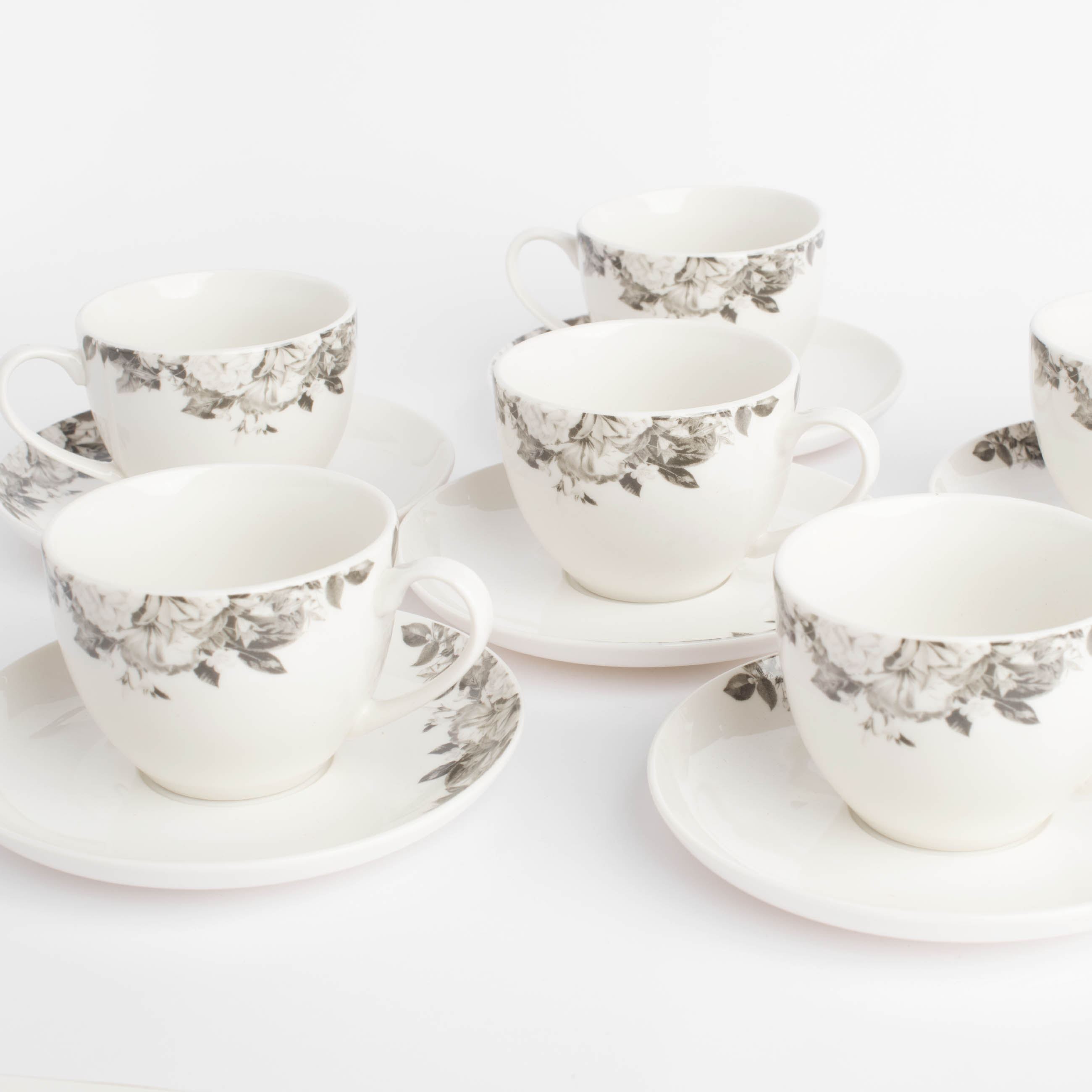 Tea pair, 6 persons, 12 items, 220 ml, porcelain N, white, Black and white flowers, Magnolia изображение № 5