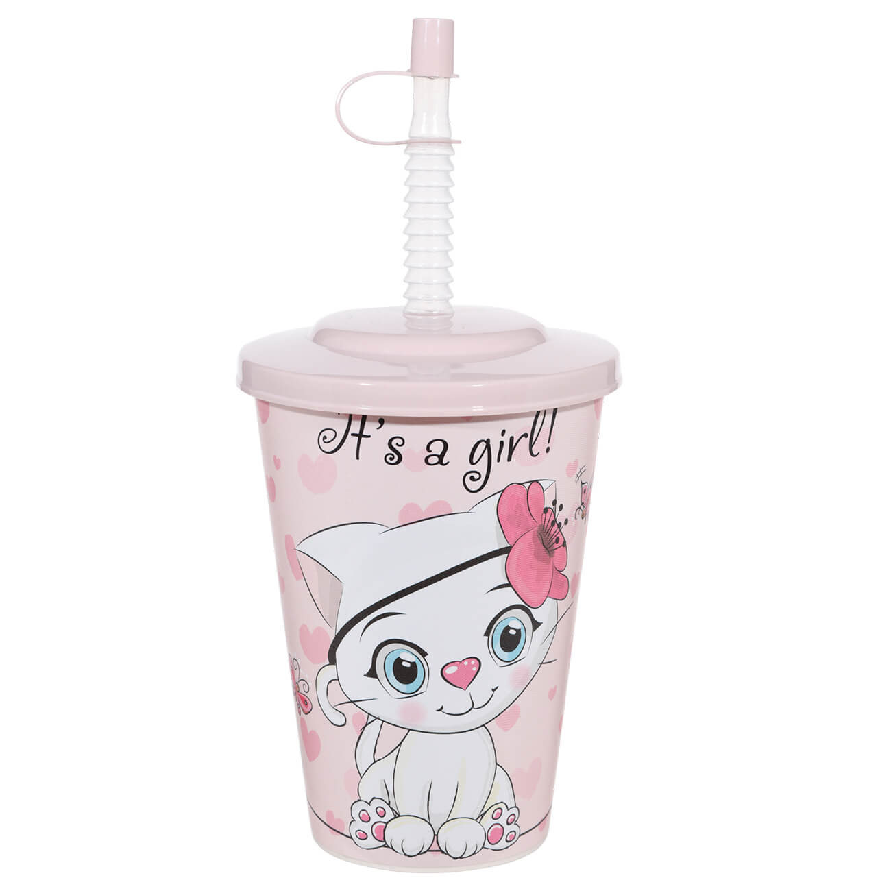 Glass, children's, 500 ml, with lid and tube, plastic, pink, Kitty, Cat изображение № 1