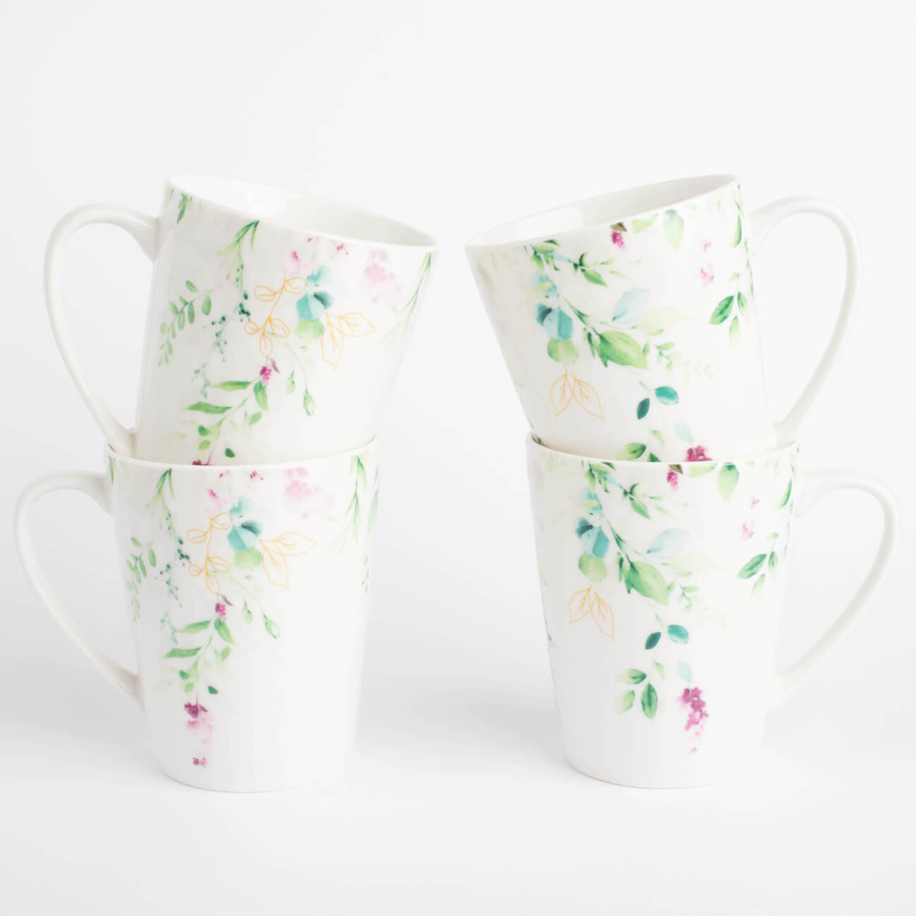 Mug, 420 ml, 4 pcs, porcelain N, white, Watercolor flowers, Senetti изображение № 1