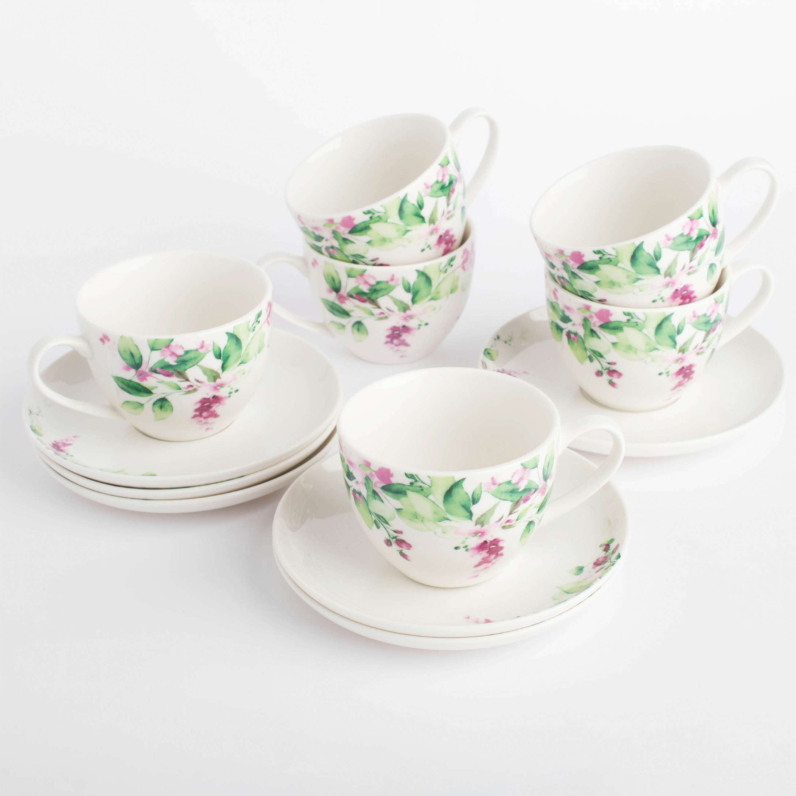 Tea pair, 6 persons, 12 items, 220 ml, porcelain N, white, Watercolor flowers, Senetti изображение № 2