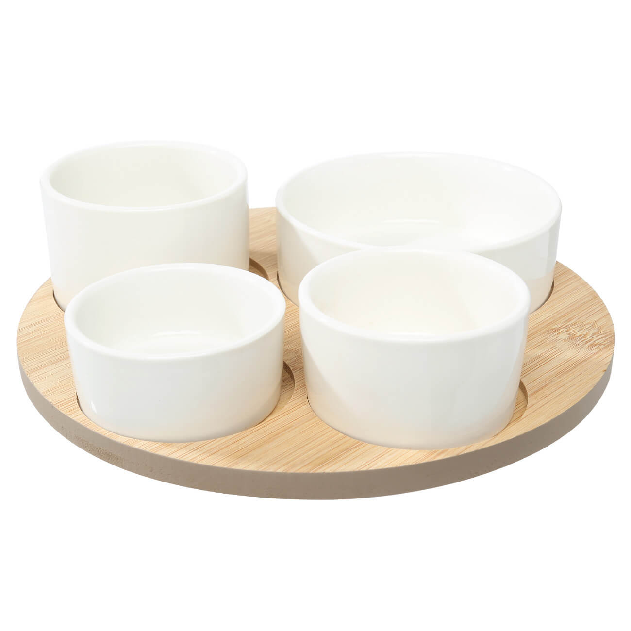Snack set, 4 pcs, on a stand, ceramic / bamboo, white, round bowls, Bamboo изображение № 1