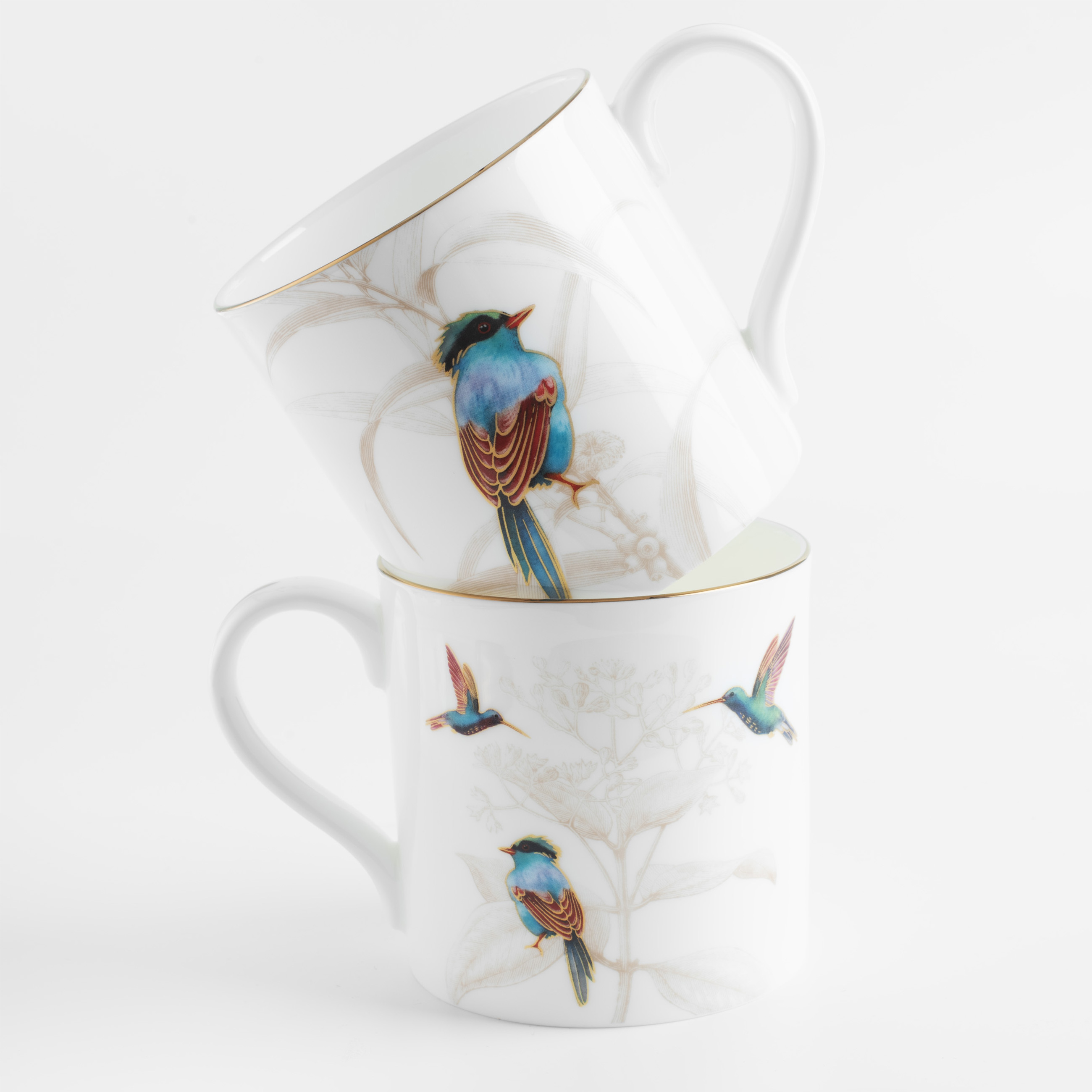 Mug, 380 ml, 2 pcs, porcelain F, with golden edging, Green cissa and hummingbird, Paradise bird изображение № 2
