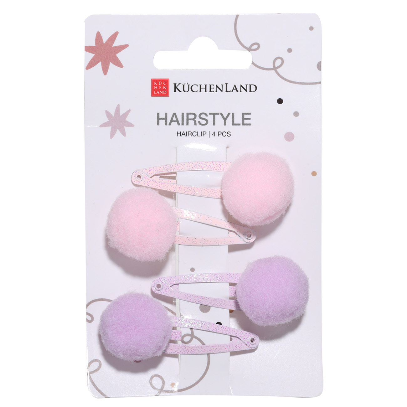 Hair clip, 4 cm, 4 pcs, Metal / Polyester, Purple / powder, Pompom, Hairstyle изображение № 2