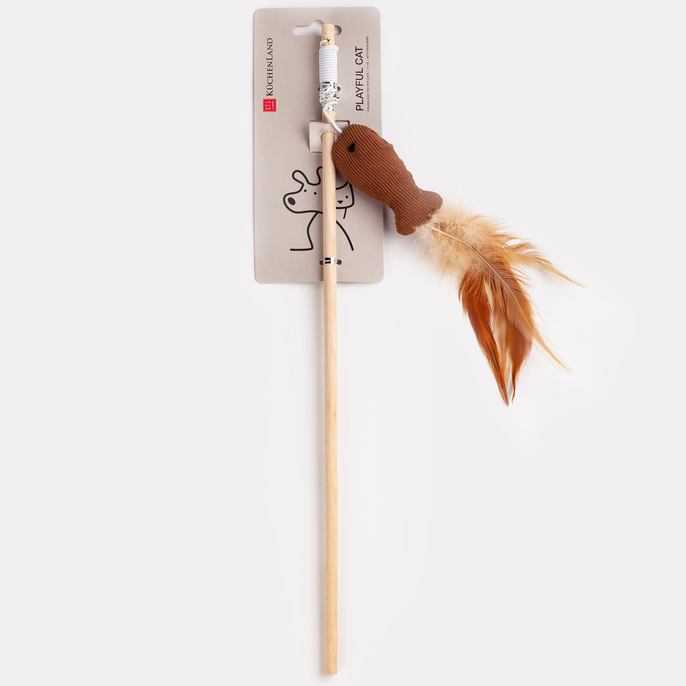 Cat Fishing Rod Toy, 1.1 m, with feathers, Wood / Polyester, Fish, Playful cat изображение № 5