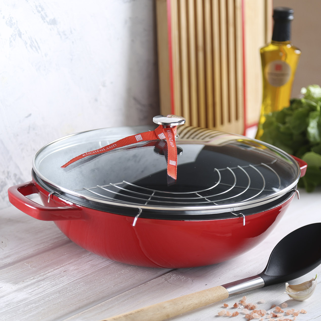 Wok, 31 cm, with lid and grate, cast iron / glass T, red, Bright изображение № 6