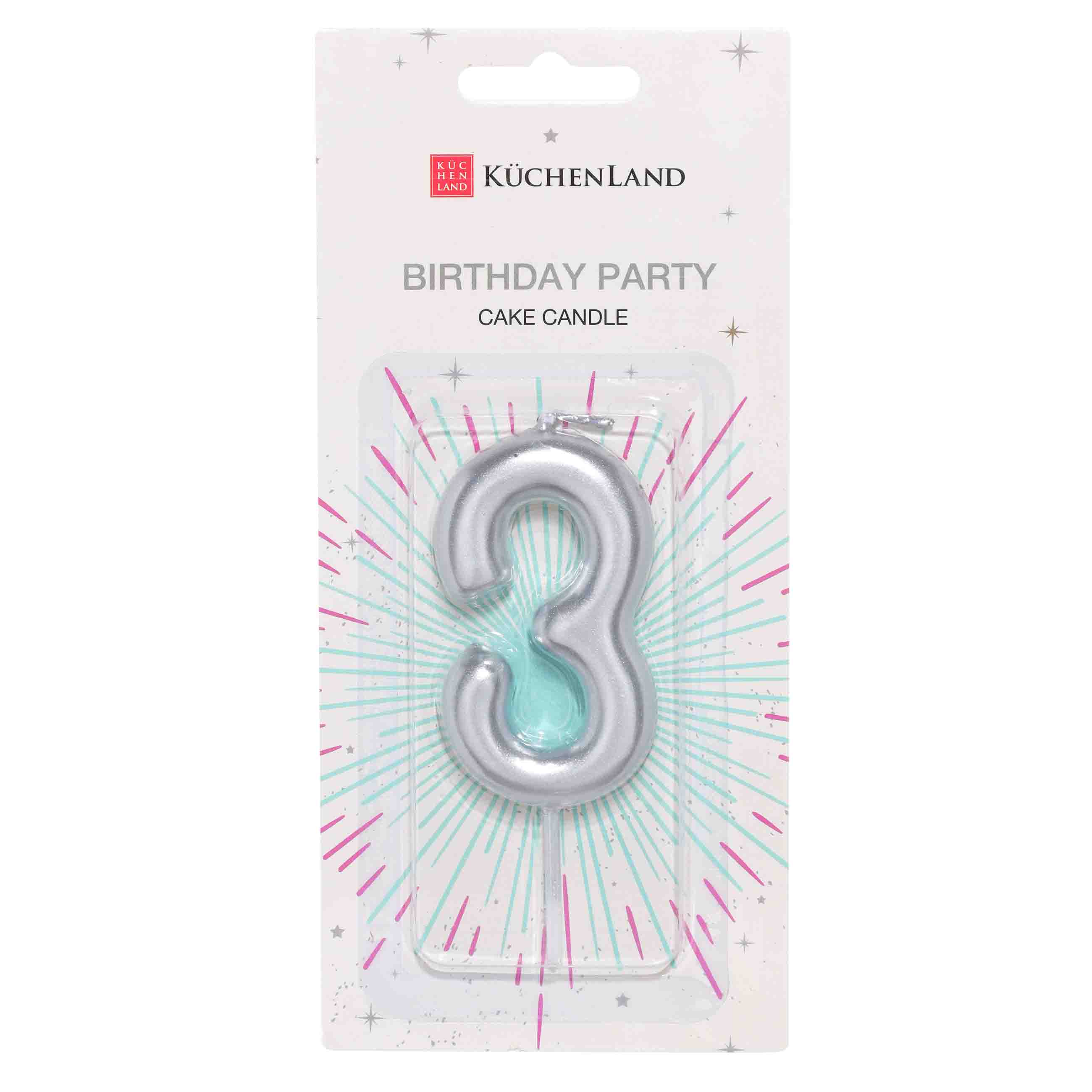 Cake candle, 8 cm, silver, Number 3, Birthday party изображение № 2