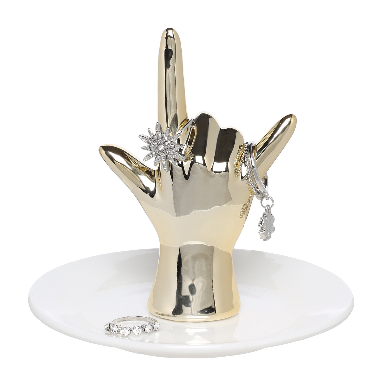 Jewelry holder, 11 cm, ceramic / metal, white and gold, Hand, Fantastic gold изображение № 3