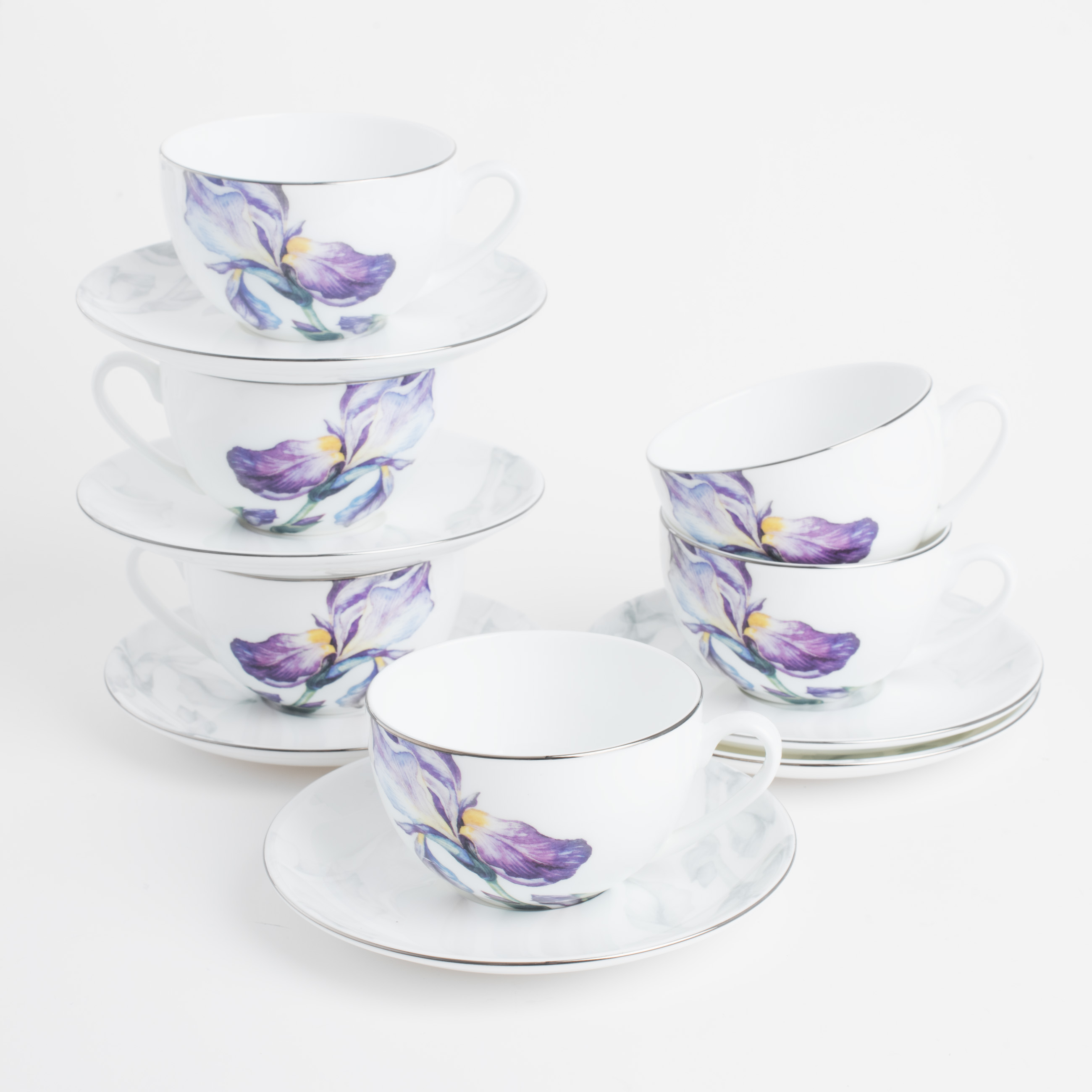 Tea pair, 6 pers, 12 in, 280 ml, porcelain F, with silver edging, Irises, Antarctica Flowers изображение № 3