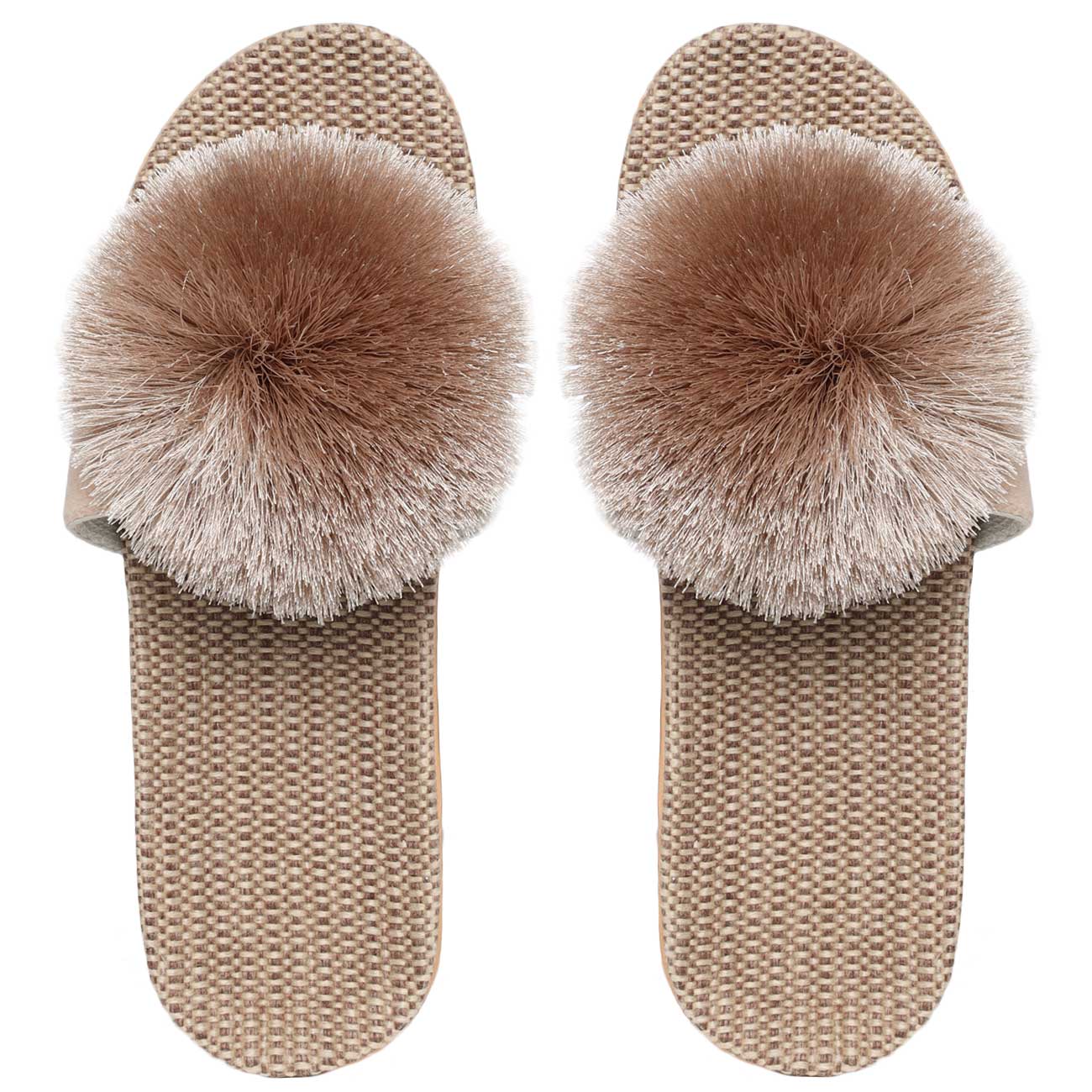 Women's slippers, home, p. 35-36, with pompom, polyester / linen, gray-brown, Pompon изображение № 2