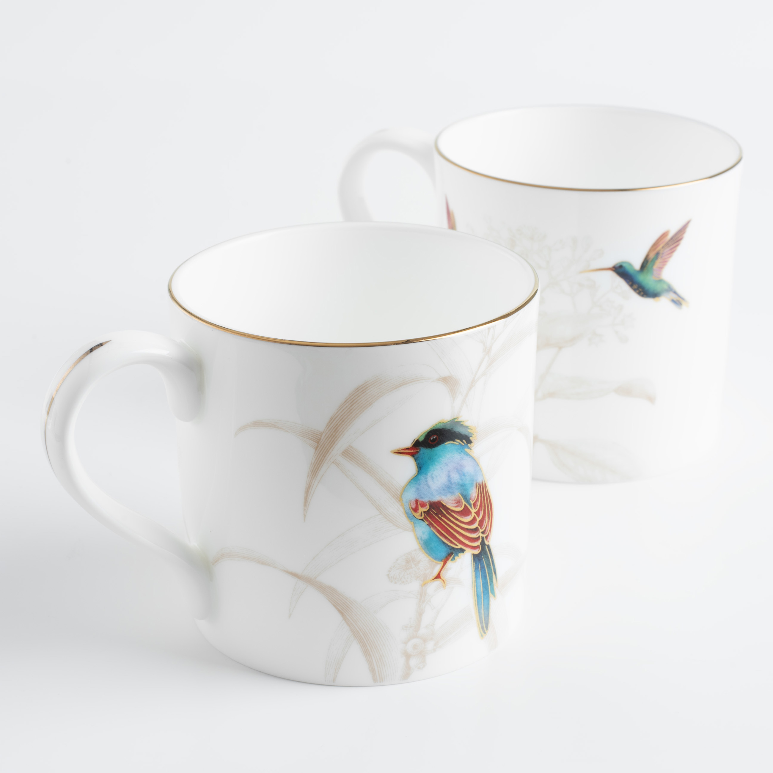 Mug, 380 ml, 2 pcs, porcelain F, with golden edging, Green cissa and hummingbird, Paradise bird изображение № 3
