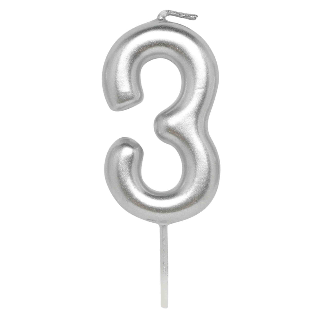Cake candle, 8 cm, silver, Number 3, Birthday party изображение № 1