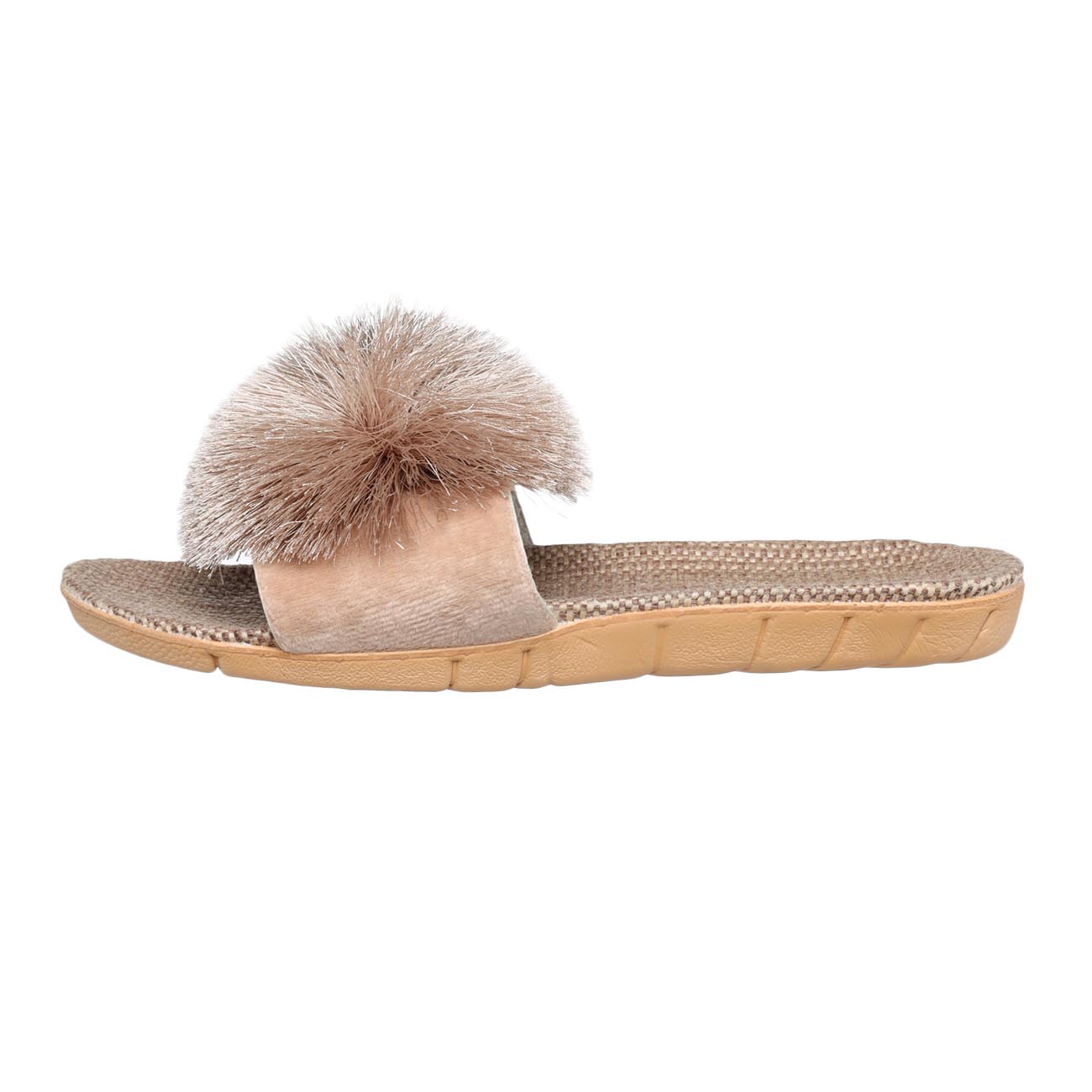 Women's slippers, home, p. 35-36, with pompom, polyester / linen, gray-brown, Pompon изображение № 4