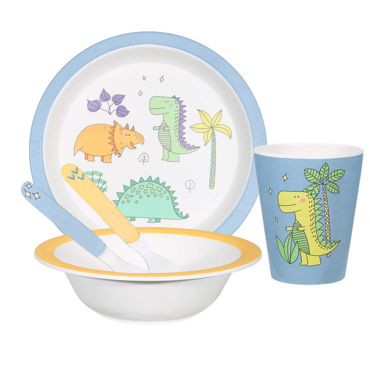 Tableware set, children's, 5 pr, bamboo, yellow-blue, Dinosaur, Dino изображение № 1