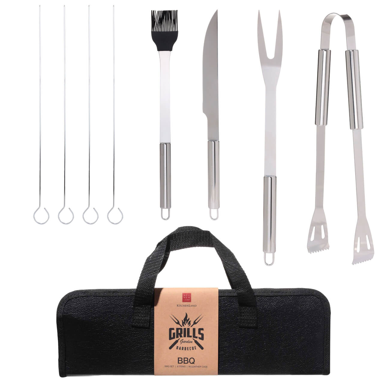 BBQ set, 8 pcs, in a leather case, steel / silicone / eco-leather, BBQ изображение № 1