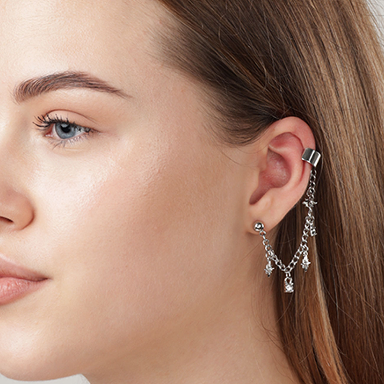 Cuff earring, single size, with pendant, Metal / Rhinestones, Stars, Mineral изображение № 4