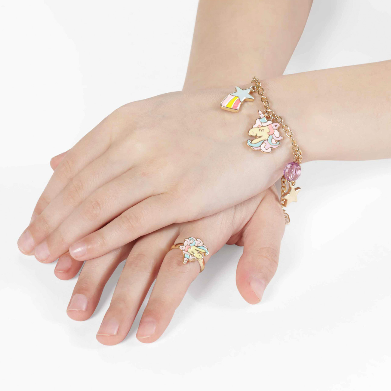 Bracelet, 9 cm, children's, with pendants, metal / plastic, gold, Unicorn / Stars, Unicorn изображение № 3