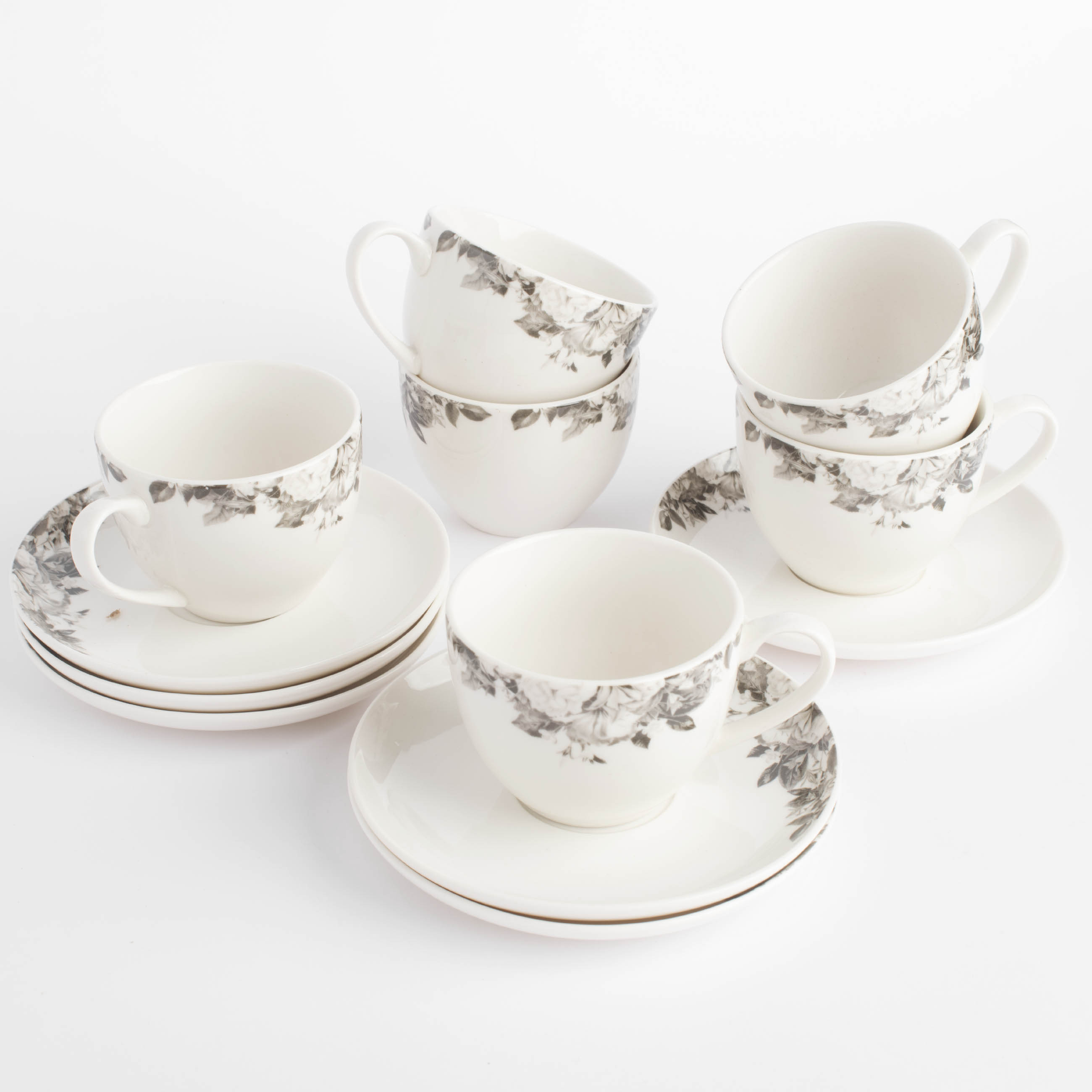 Tea pair, 6 persons, 12 items, 220 ml, porcelain N, white, Black and white flowers, Magnolia изображение № 2