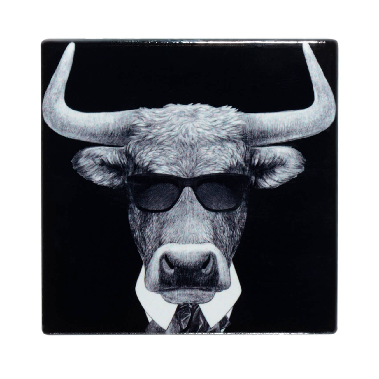 Mug stand, 11x11 cm, ceramic / cork, square, Bull with glasses, Brutal style изображение № 1