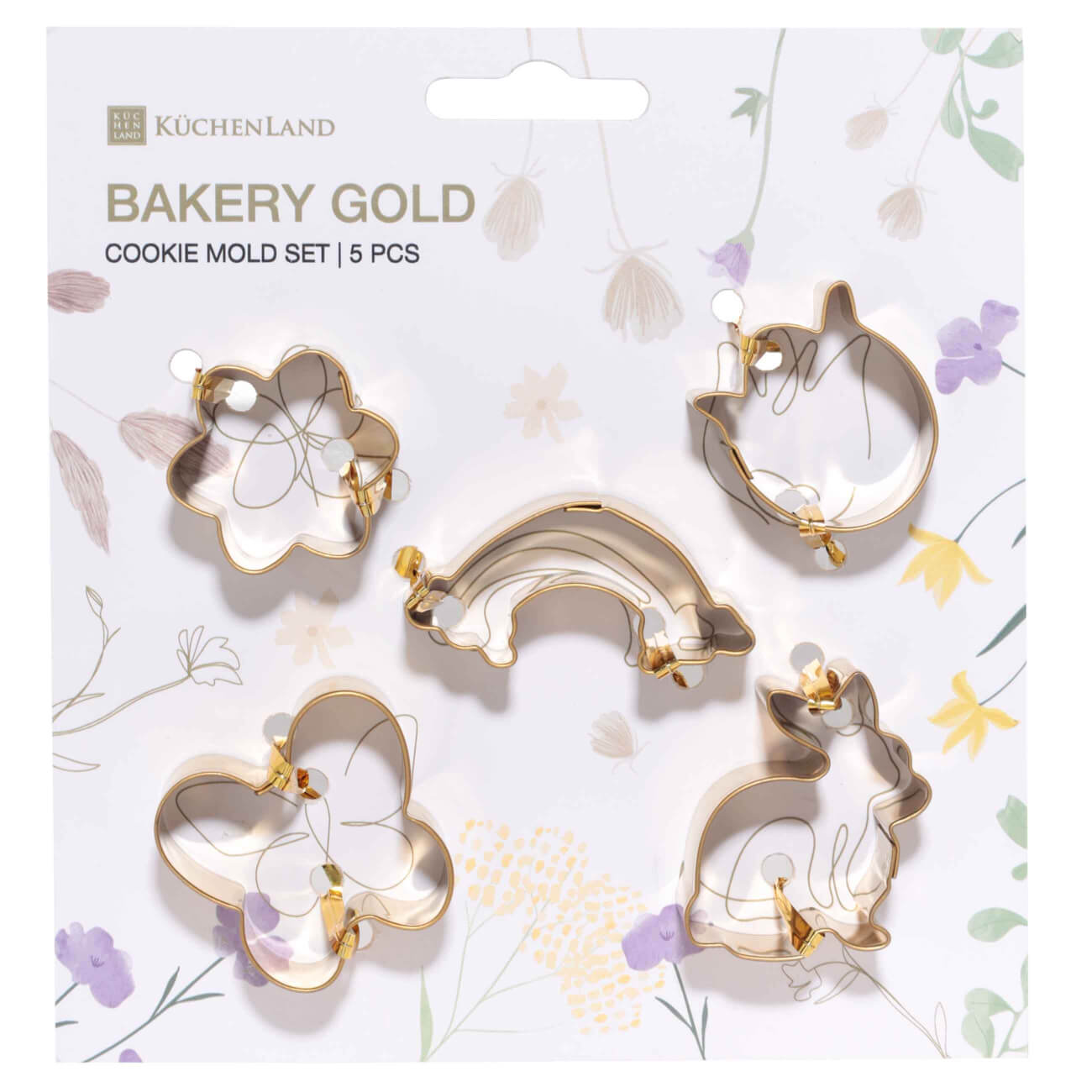 Cookie cutter set, 5 pcs, Steel, Golden, Rabbit / Butterfly / Flowers/Raduga, Bakery gold изображение № 1