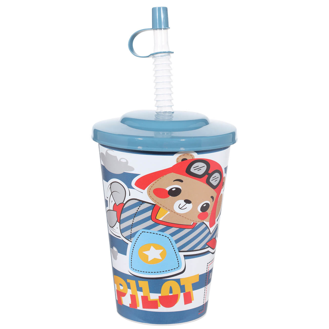 Glass, children's, 500 ml, with lid and tube, plastic, white and blue, Pilot bear, Childhood изображение № 1