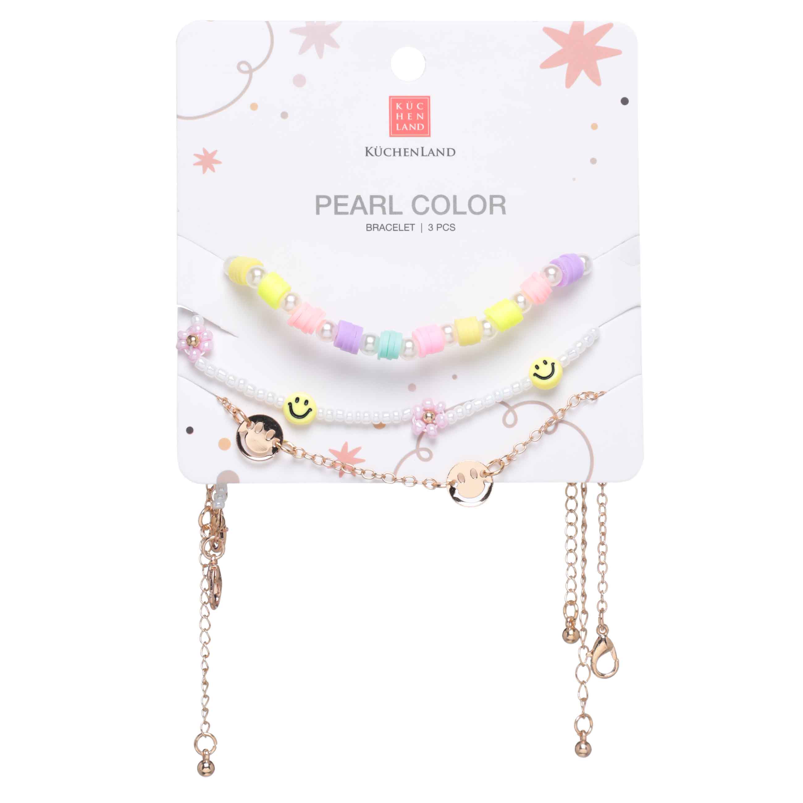 Bracelet, 23 cm, 3 pieces, for children, metal / plastic, colored, Smileys and beads, Pearl color изображение № 5
