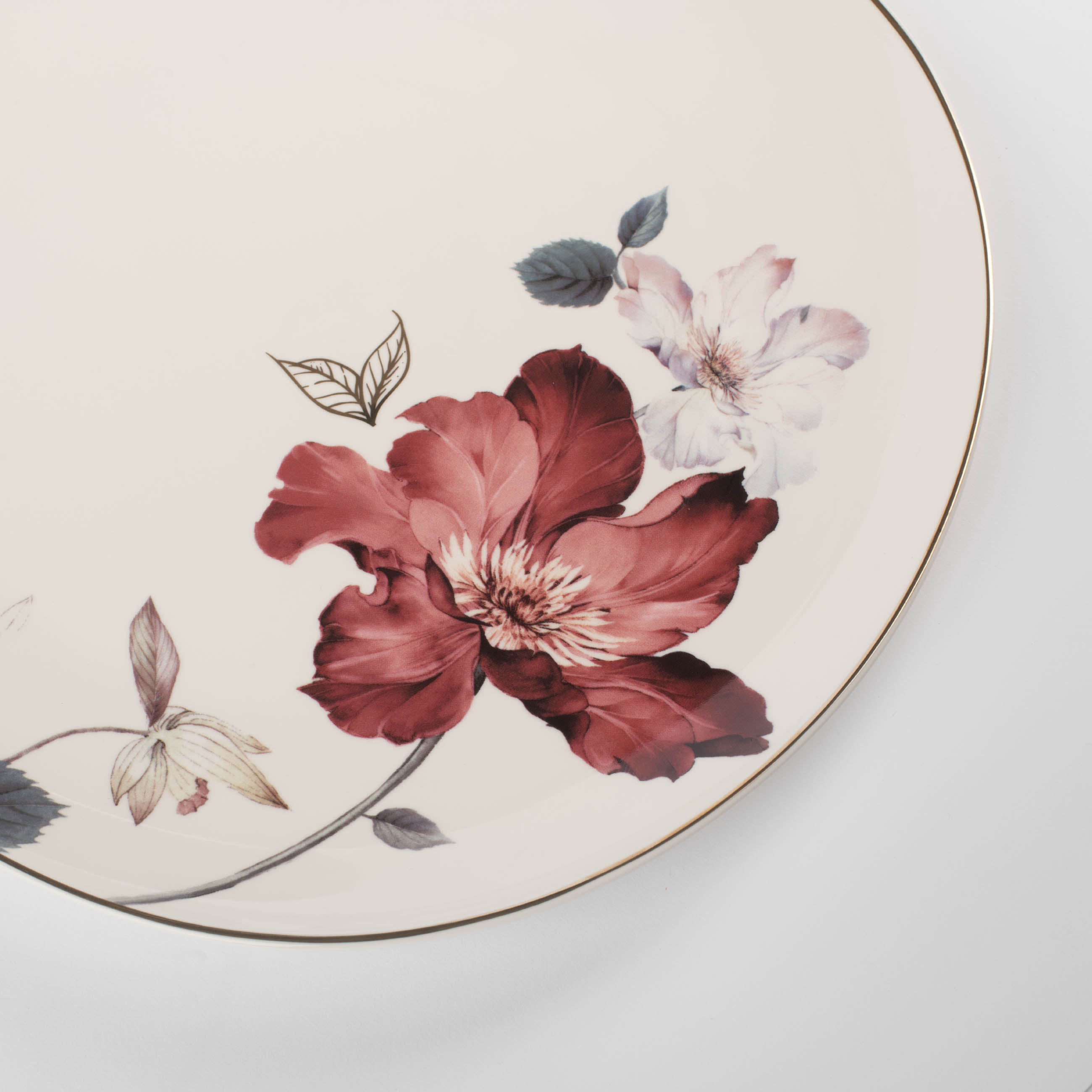 Dinner plate, 28 cm, porcelain N, white, with golden edging, Flower and leaves, Noir изображение № 4