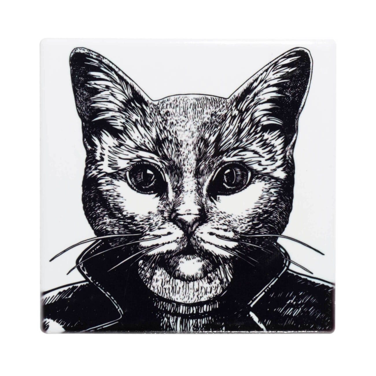 Mug stand, 11x11 cm, ceramic / cork, square, Cat in leather jacket, Brutal style изображение № 1