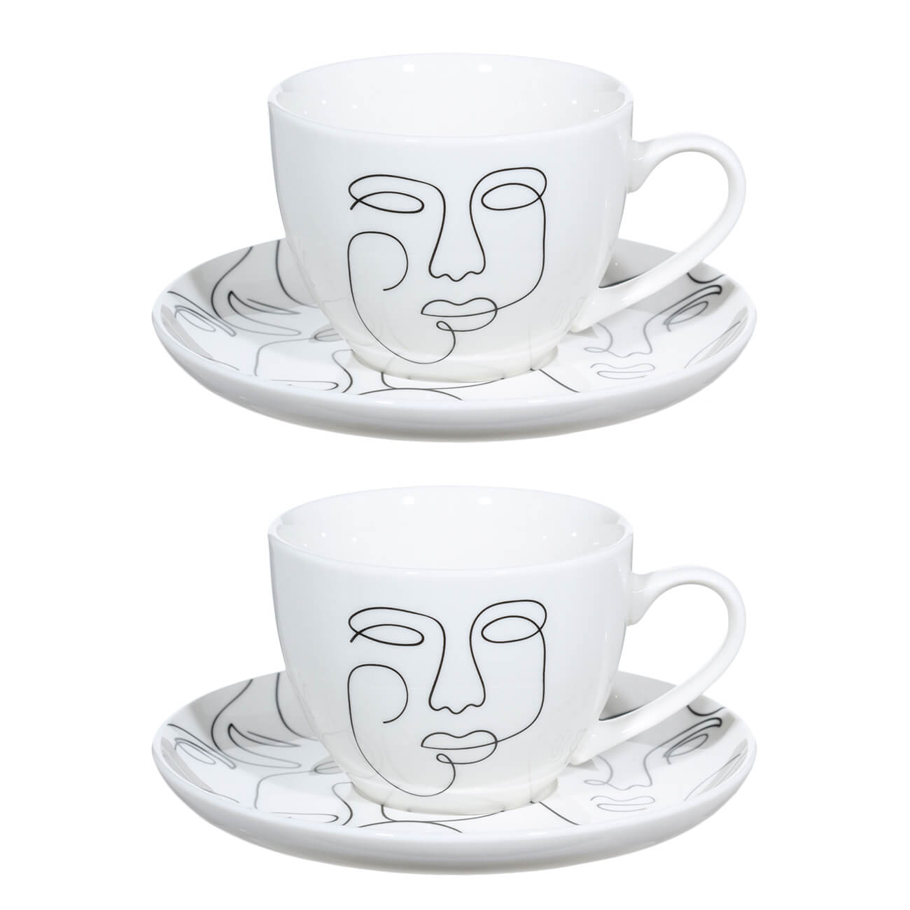 Tea pair, 2 persons, 4 items, 220 ml, porcelain N, White, Contoured faces, Face изображение № 1