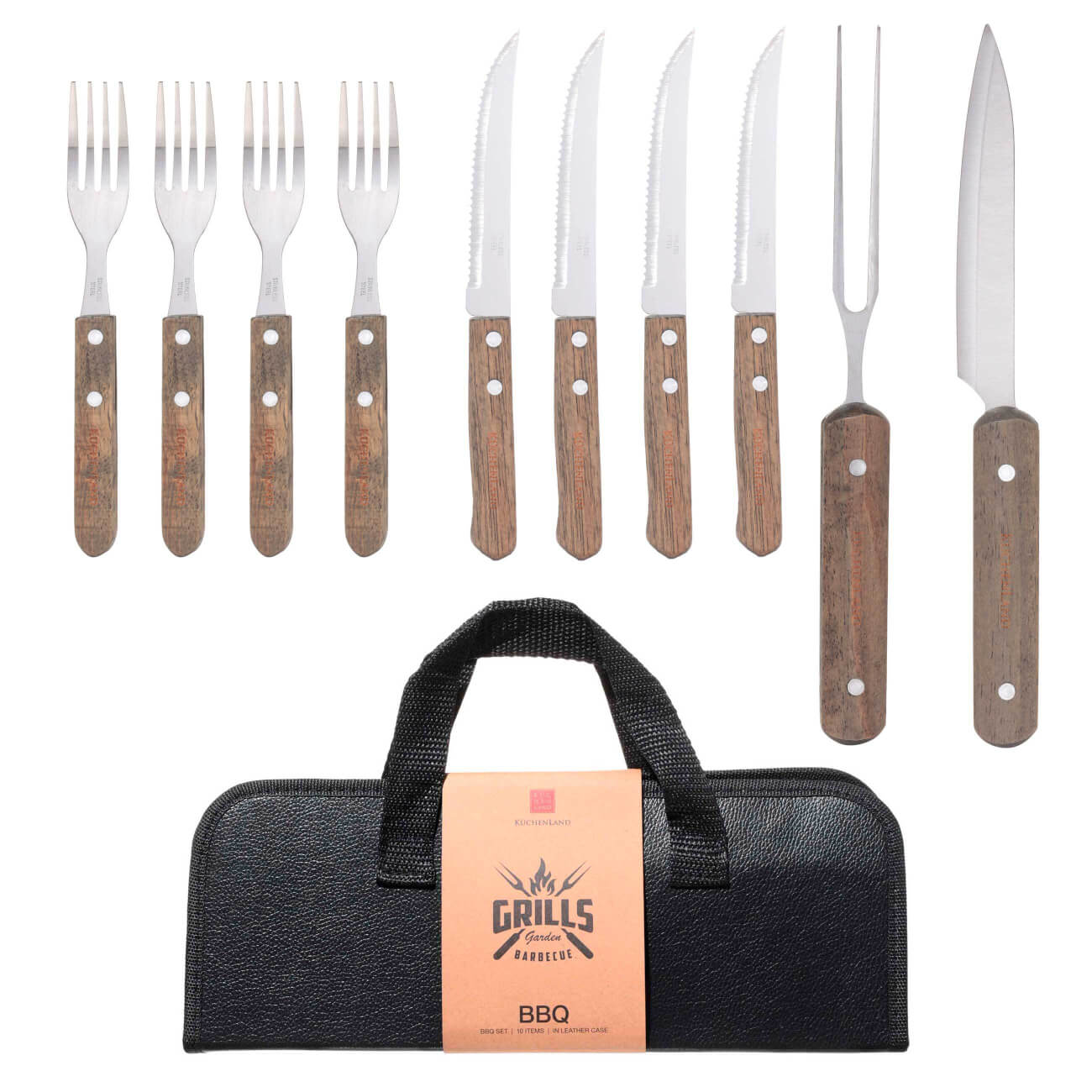 BBQ set, 4 pers, 10 items, in leather case, steel / wood/eco-leather, BBQ изображение № 1