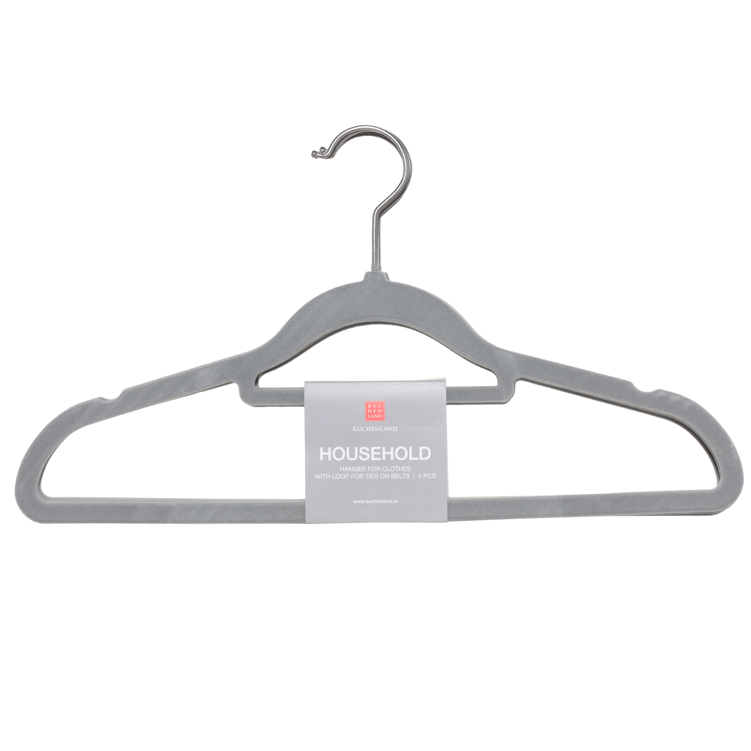 Hanger-hangers, 41 cm, 4 pcs, with a loop for ties/belts, flock, gray, Household изображение № 2