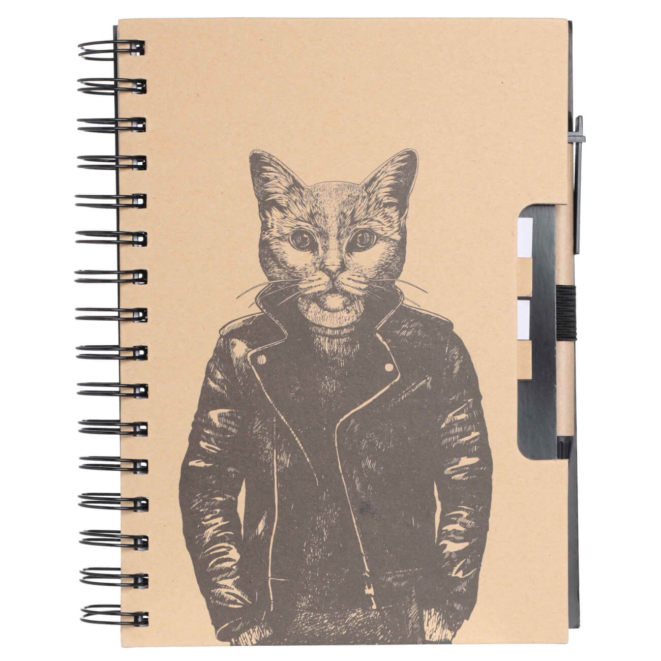Notepad for notes, with pen, 21x15 cm, 96 l, on rings, cardboard, Cat in a leather jacket, Brutal style изображение № 1