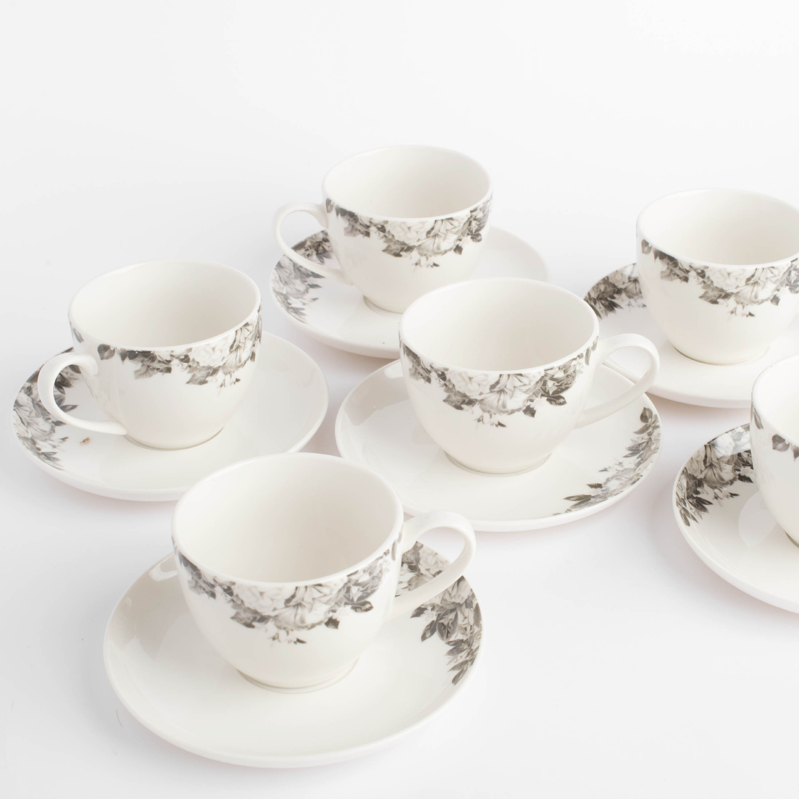 Tea pair, 6 persons, 12 items, 220 ml, porcelain N, white, Black and white flowers, Magnolia изображение № 4