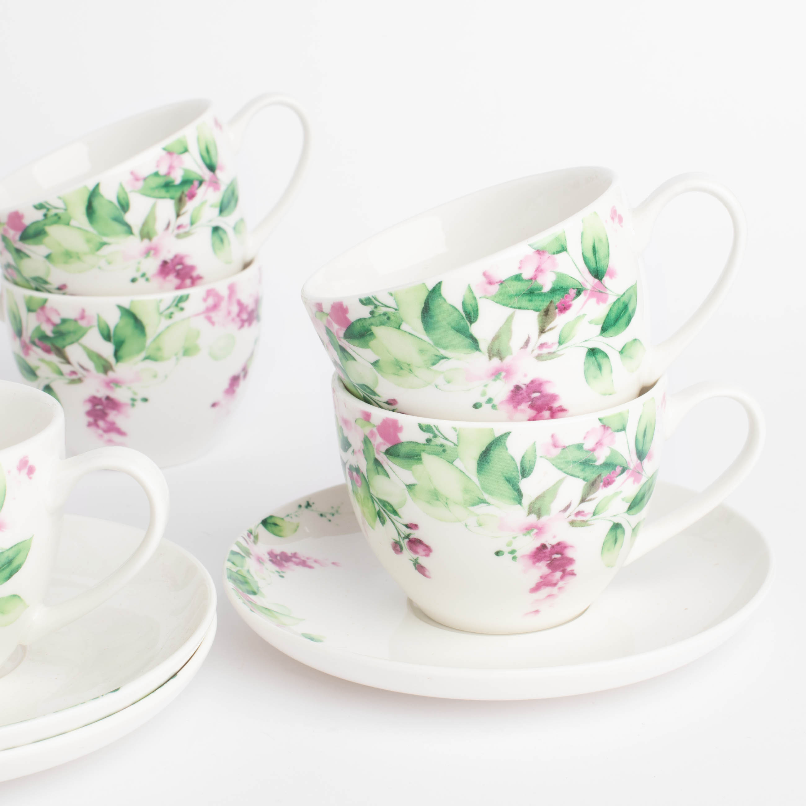 Tea pair, 6 persons, 12 items, 220 ml, porcelain N, white, Watercolor flowers, Senetti изображение № 3