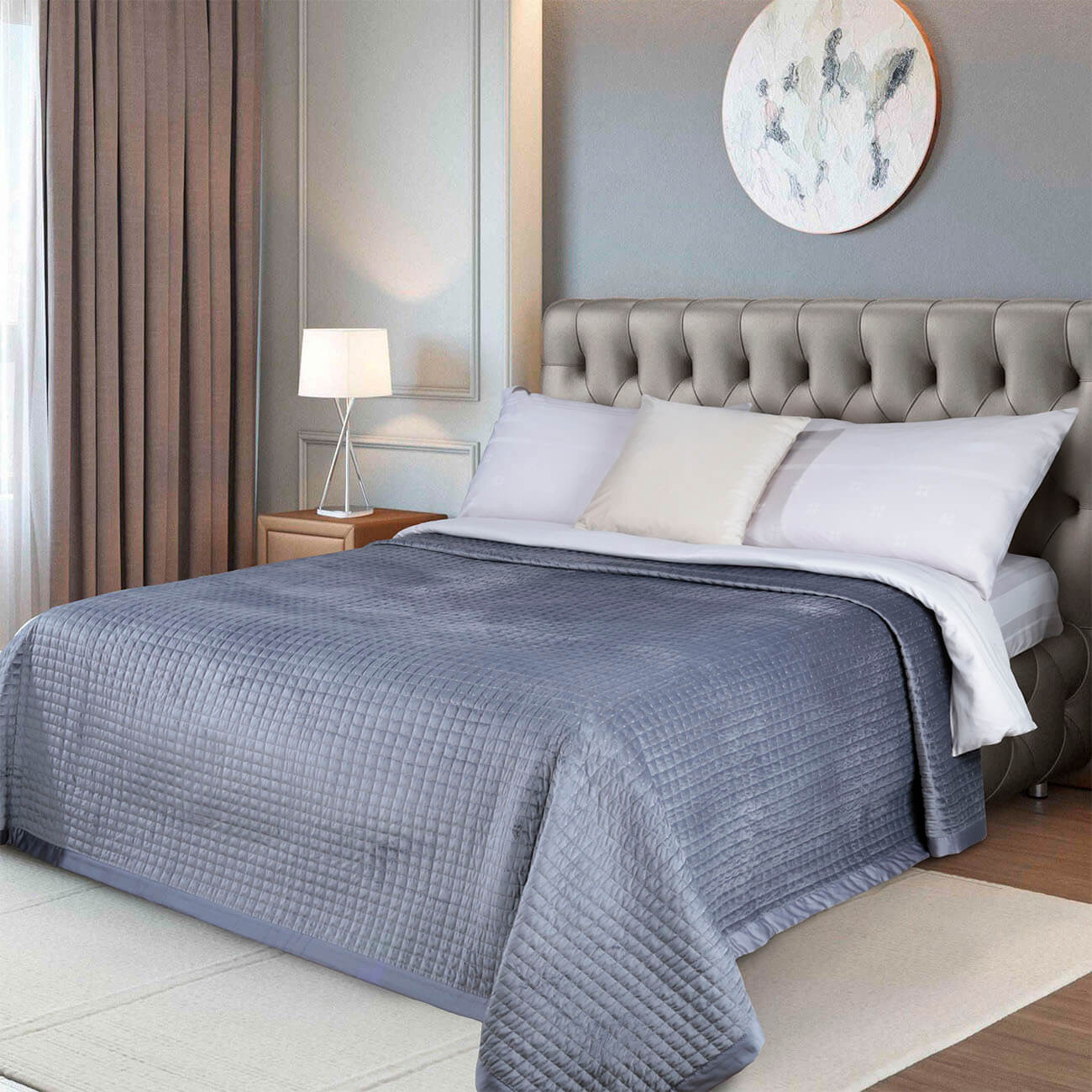 Bedspread, 220x240 cm, quilted, corduroy / satin, gray, squares, Dijon, Stitch velvet изображение № 1