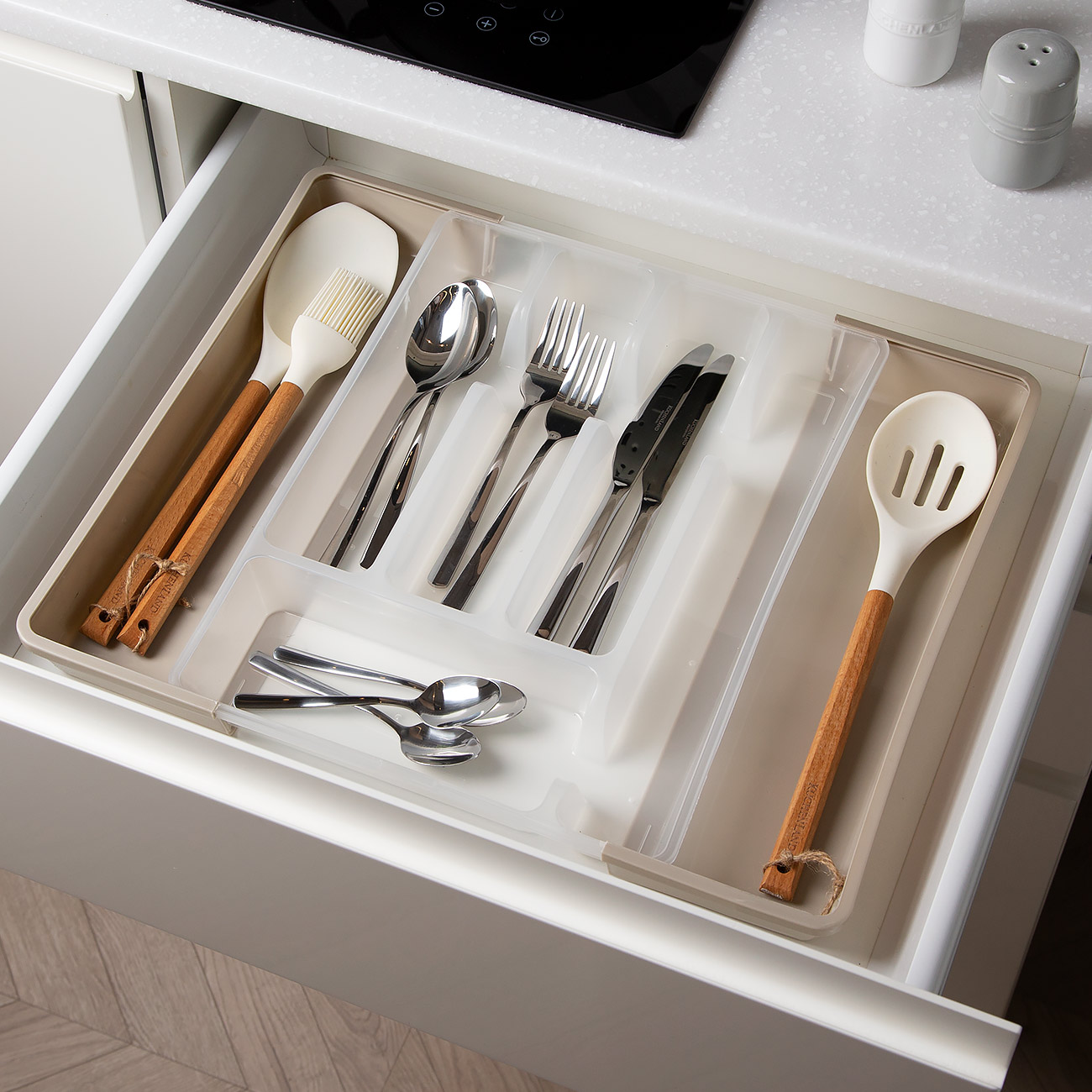 Cutlery tray, 37x27 cm, 7 units, sliding, plastic, white-gray, Keeping изображение № 5