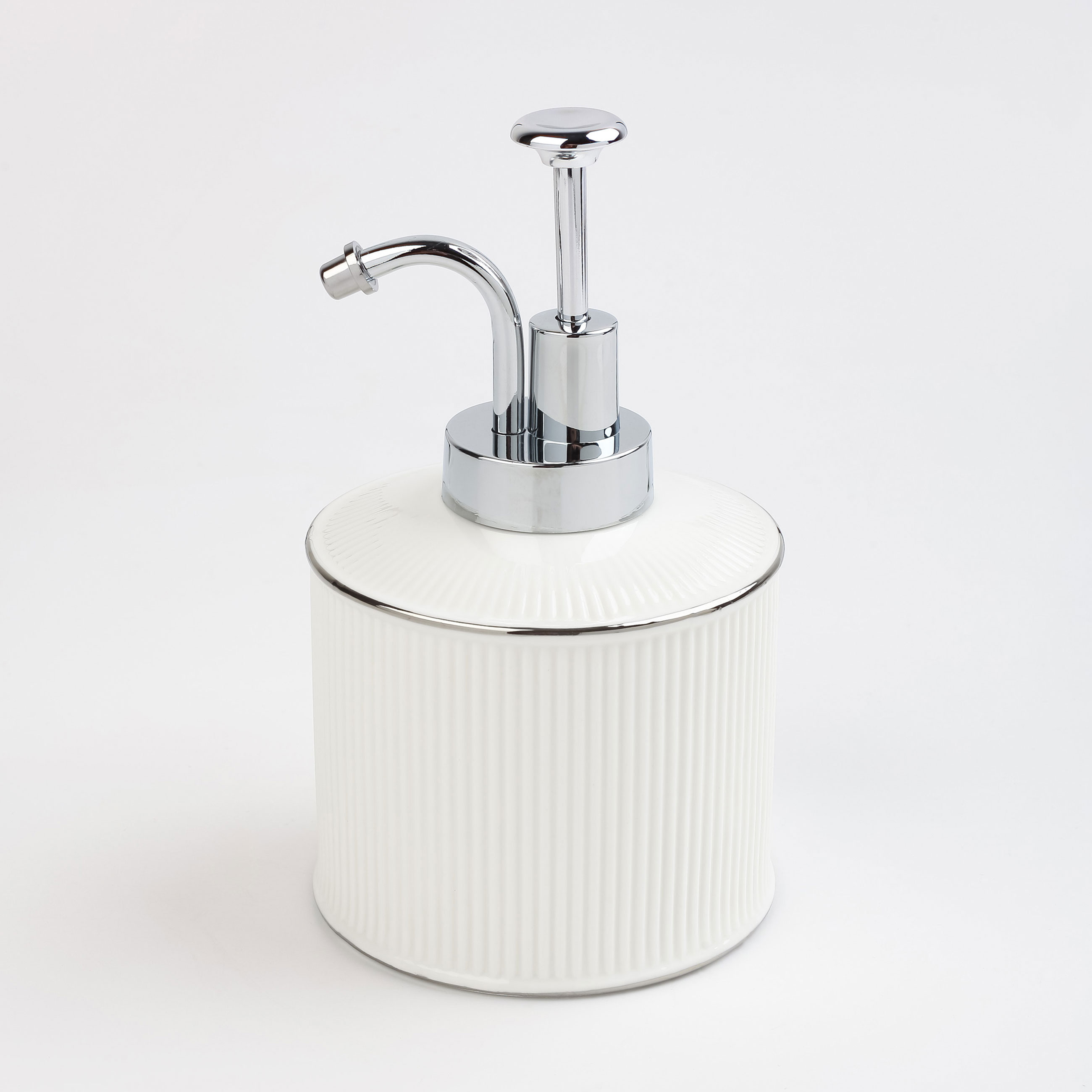Liquid soap dispenser, 370 ml, ceramic / plastic, white, with silver edging, Kaliopa изображение № 5