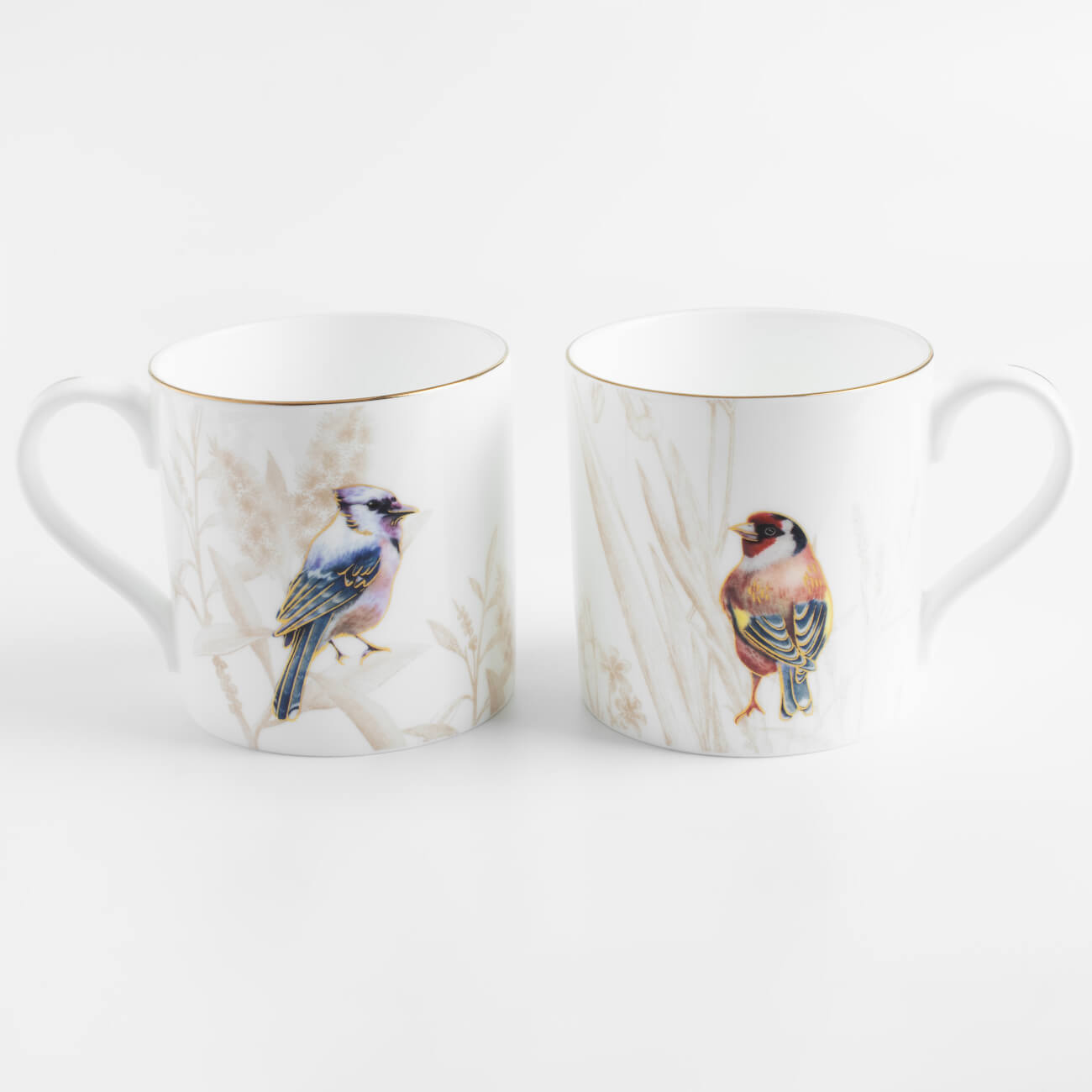 Mug, 380 ml, 2 pcs, porcelain F, with golden edging, Goldfinch and blue jay, Paradise bird изображение № 1