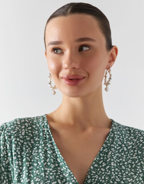 Stud earrings, 5 cm, 2 pcs, metal, Silver, Pearl, Pearl