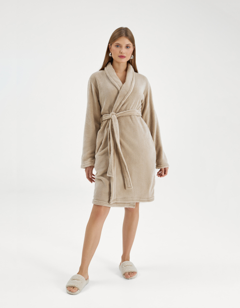 Bathrobe for women, home, Size L / XL, long sleeve, polyester, sand, Drew