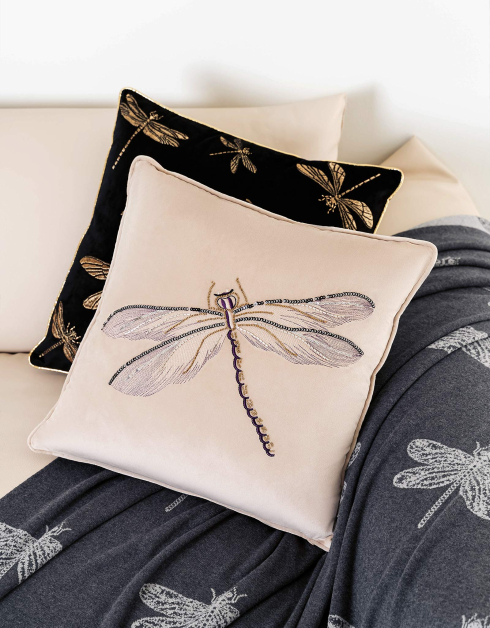 Decorative pillow, 45x45, corduroy / beads, beige, Dragonfly, Dragonfly