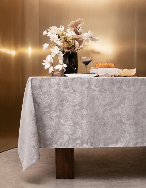 Tablecloth, 160x160 cm, jacquard, polyester, gray-beige, Leaves, Noir