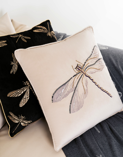 Decorative pillow, 45x45, corduroy / beads, beige, Dragonfly, Dragonfly